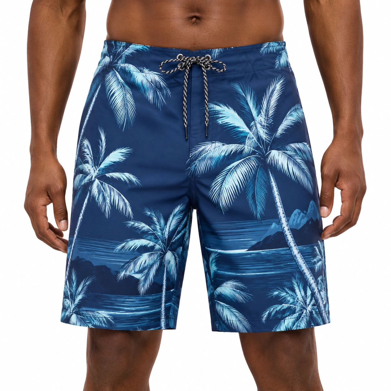 Costume da bagno uomo M in tessuto blu con stampa palme e coulisse