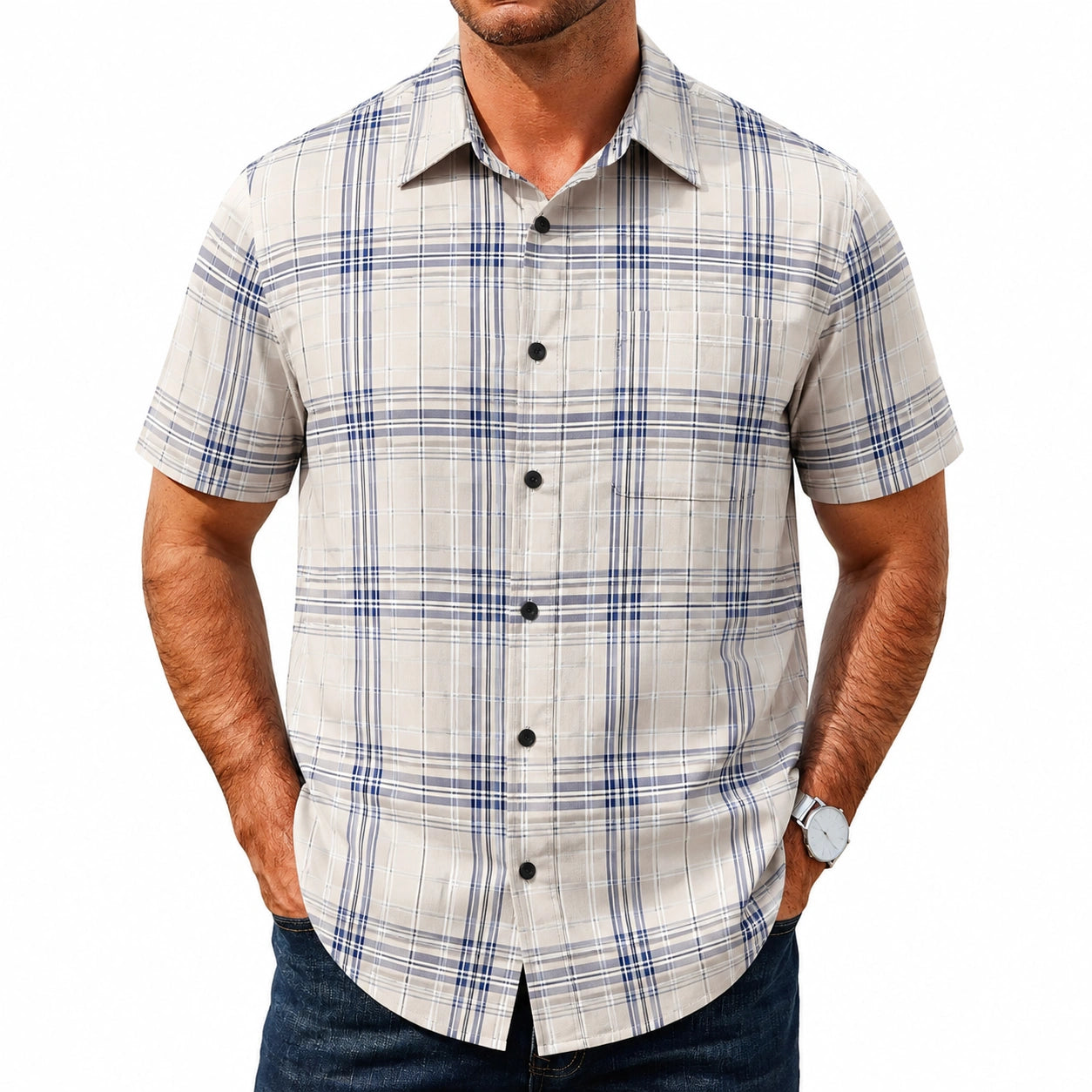 Camicia uomo M in tessuto beige e blu a quadri - manica corta casual
