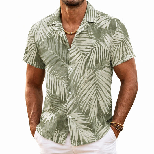 Camicia uomo taglia L in tessuto verde e bianco con stampa foglie - stile casual estivo