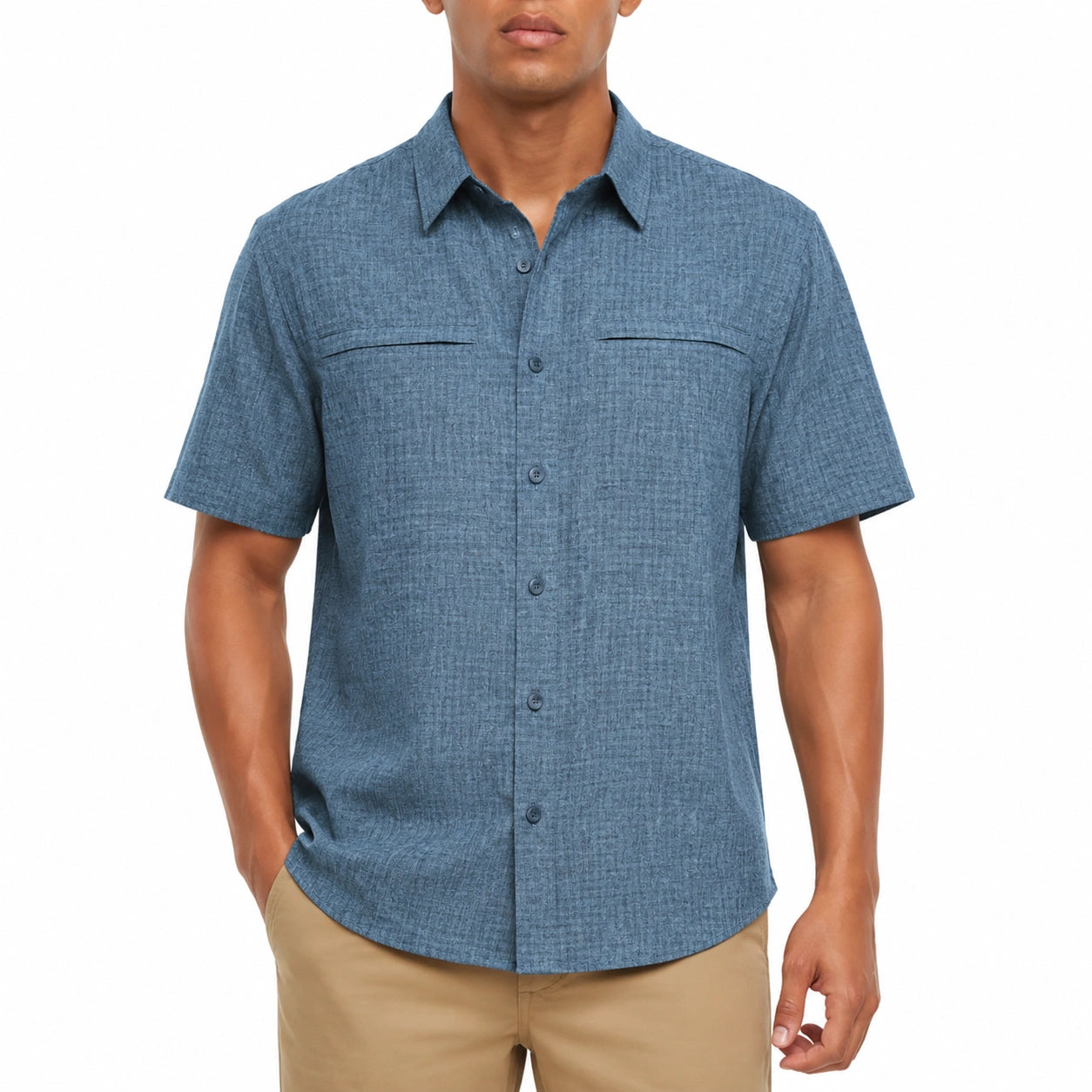 Camicia uomo M in tessuto effetto lino blu a manica corta stile casual