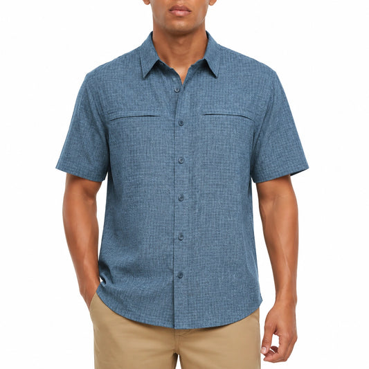 Camicia uomo M in tessuto effetto lino blu a manica corta stile casual