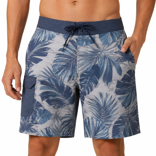 Pantaloncini da bagno uomo M in tessuto blu e grigio con stampa foglie - tasche e laccetto