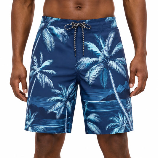 Costume da bagno uomo M in tessuto blu con stampa palme e coulisse