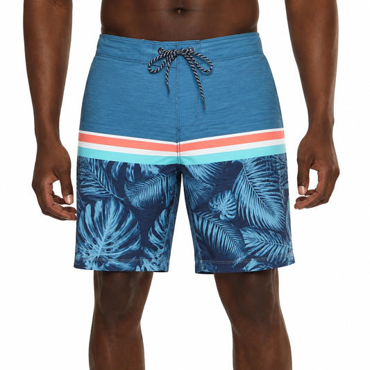 Costume da bagno uomo M in tessuto sintetico blu con stampa tropicale e coulisse