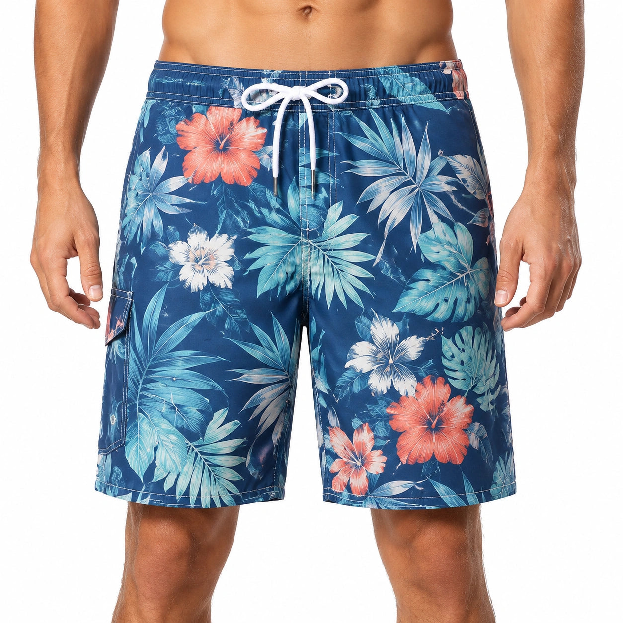 Pantaloncini da bagno uomo L - tessuto blu con stampa floreale e coulisse
