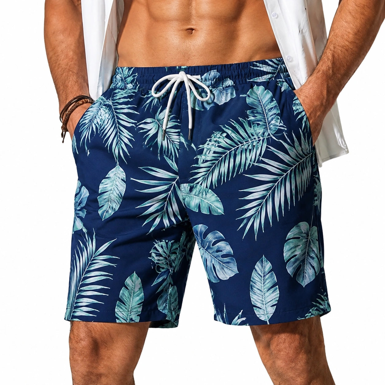 Costume da bagno uomo L in tessuto sintetico blu con stampa tropicale - pantaloncino con tasche