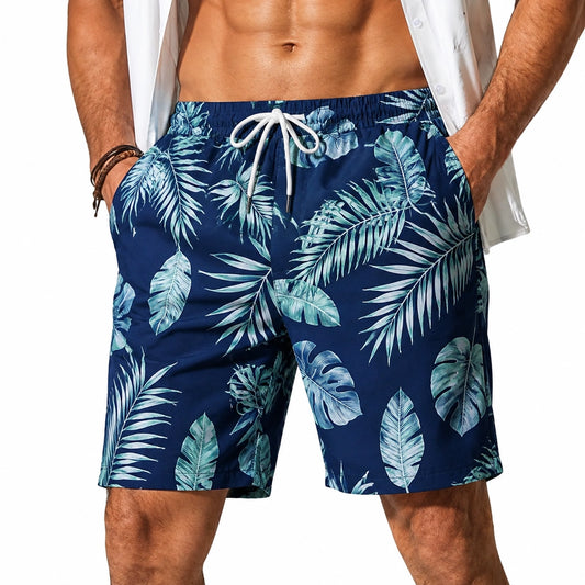 Costume da bagno uomo L in tessuto sintetico blu con stampa tropicale - pantaloncino con tasche