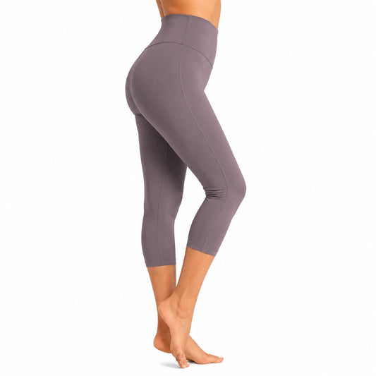 Leggings capri donna taglia M in tessuto elasticizzato grigio malva a vita alta per fitness