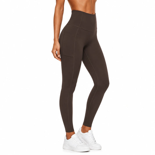 Leggings donna taglia S in tessuto elasticizzato marrone - vita alta sportivi con tasche