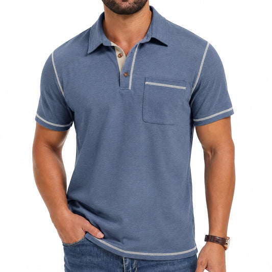 Polo uomo taglia M blu a maniche corte con taschino stile casual