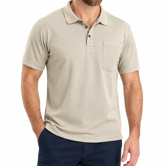 Polo uomo taglia M beige a maniche corte in tessuto piqué con taschino stile casual