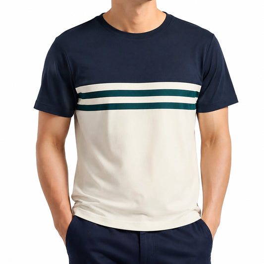 T-shirt uomo taglia M in tessuto blu navy e bianco con righe verdi - girocollo a maniche corte