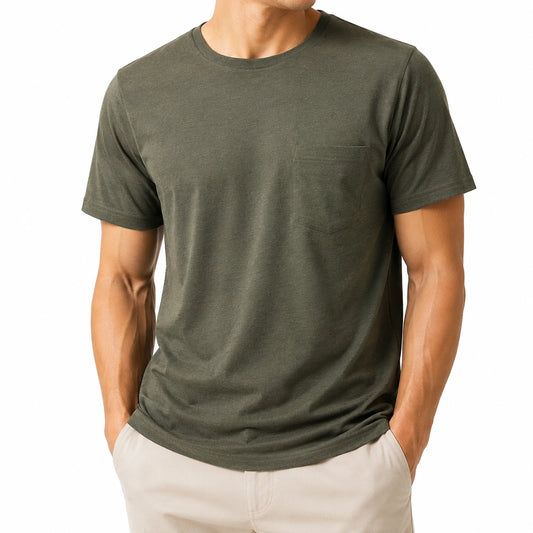 T-shirt da uomo M in cotone verde oliva con taschino stile casual