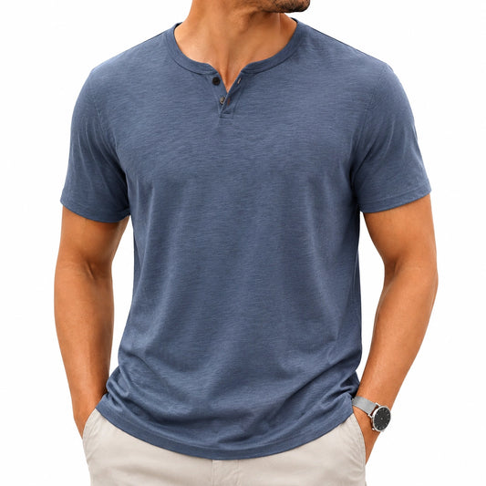 T-shirt uomo L in tessuto blu a maniche corte con collo serafino